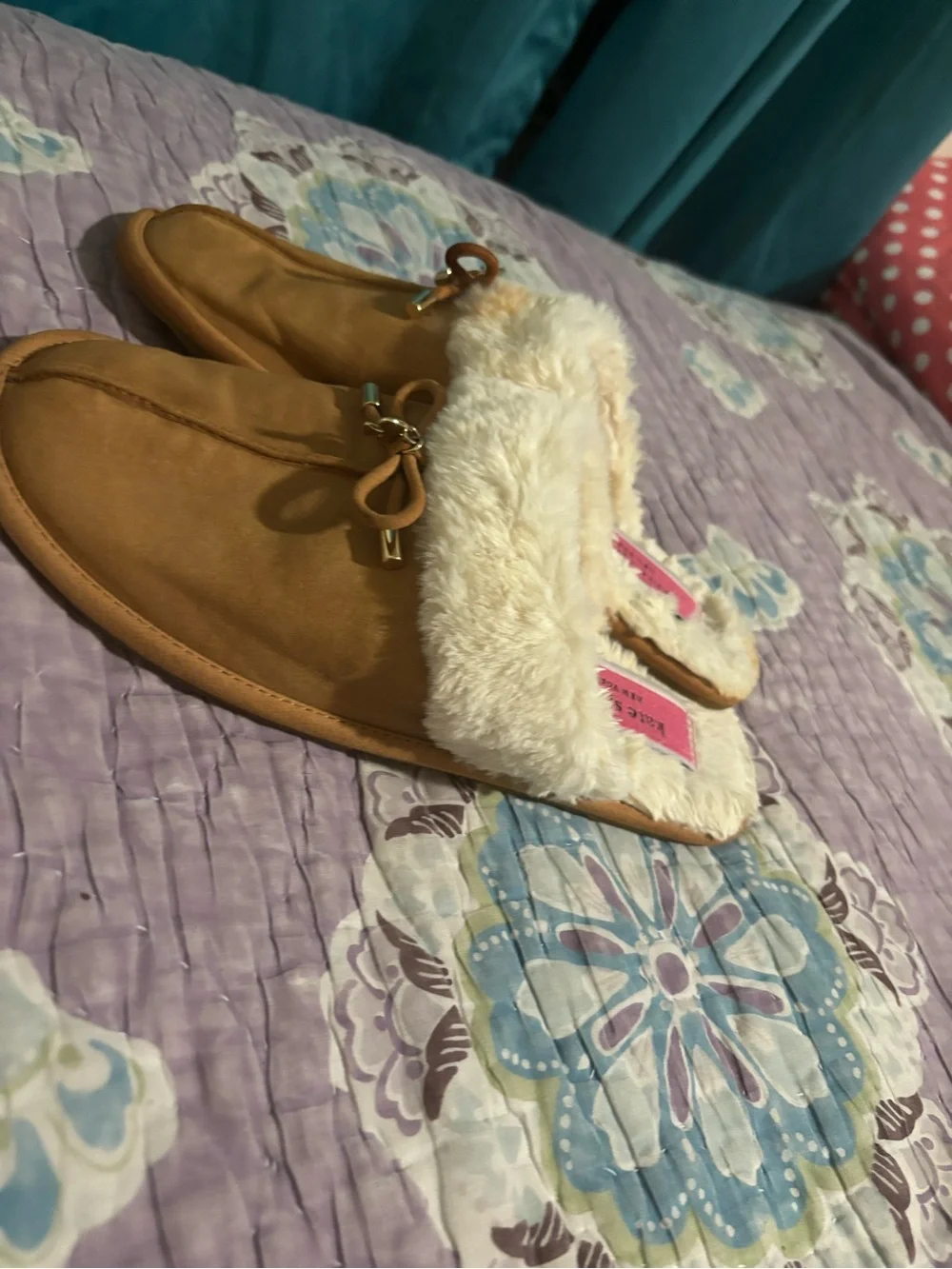 kate spade Tan Faux-Suede Slip-On Slippers with Cream Fur Trim
